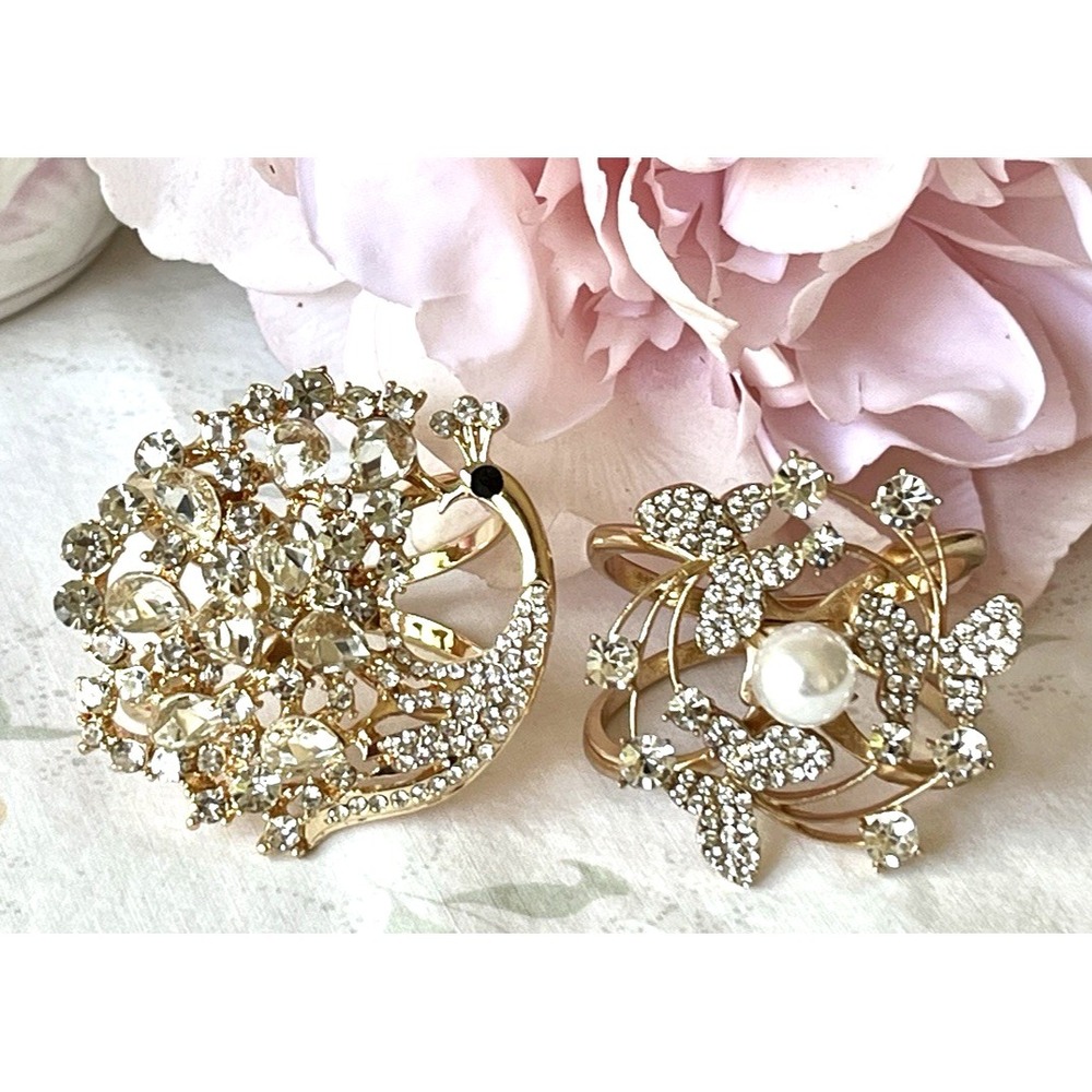 Vtg Rhinestone PEACOCK & Butterfly FAUX PEARL Flower SCARF RINGS